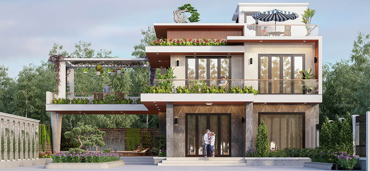 Biệt thự hiện đại 2 tầng mái bằng với sân vườn thiết kế đẹp mắt và tỉ mỉ