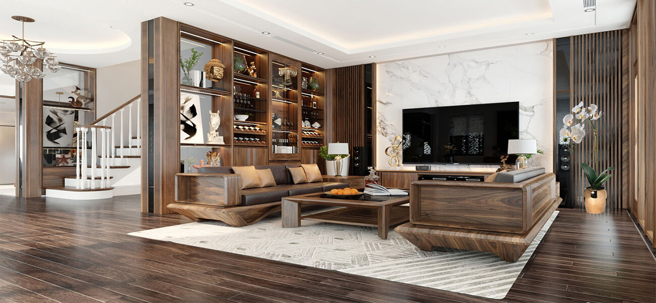 Đẳng cấp với xu hướng thiết kế nội thất phòng khách đẹp bằng gỗ